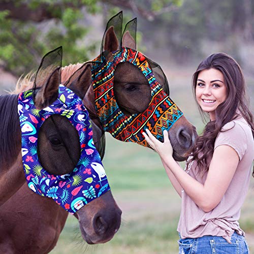 2 Stück Pferd Fliegenmaske Pferd Maske mit Ohren Glatte und Elastizität Fliegenmaske mit UV-Schutz (Tribal Grid Patterns, M) von Weewooday