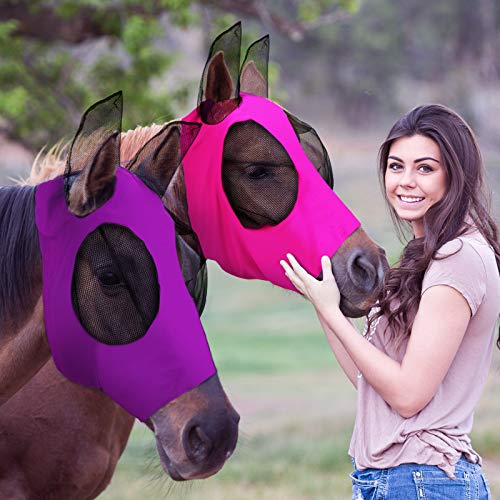 2 Stück Pferd Fliegenmaske Pferd Maske mit Ohren glatt und elastisch Fliegenmaske mit UV-Schutz (lila, pink, M) von Weewooday