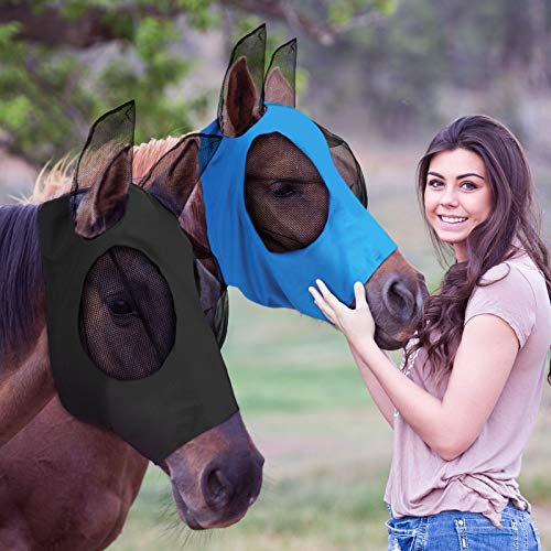 2 Stück Pferd Fliegenmaske Pferdemaske mit Ohren Glatt und Elastizität Fliegenmaske mit UV-Schutz (Blau, Schwarz) von Weewooday