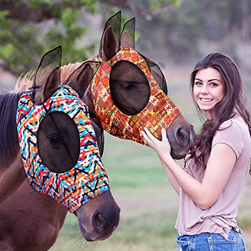 2 Stück Pferd Fliegenmaske Pferdemaske mit Ohren Glatt und Elastizität Fliegenmaske mit UV-Schutz (Geometriemuster, L) von Weewooday