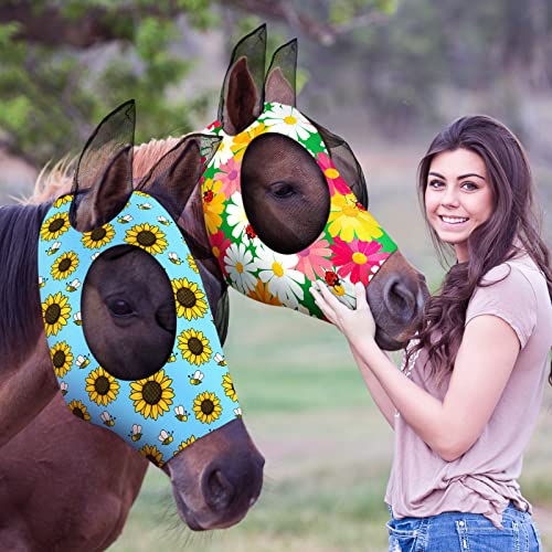 2 Stücke Pferd Fliegenmaske Pferdemaske mit Ohren Glatt und Elastizität Fliegenmaske mit UV Schutz (Blumenmuster, L) von Weewooday