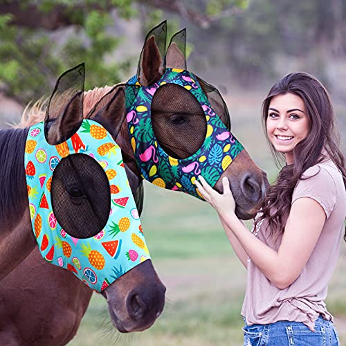 Weewooday 2 Stück Pferd Fliegenmasken für Pferde Weiche Fliegenmasken für Pferde mit Ohren Glatt und Elastizität Fliegenmaske mit UV-Schutz (L, Sommermuster) von Weewooday
