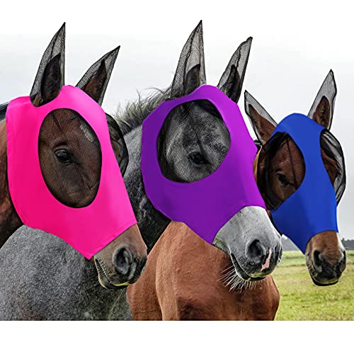 3 Stück Pferde-Fliegenmaske Pferdemaske mit Ohren, glatt und elastisch, Fliegenmaske mit UV-Schutz, 3 Farben (M, lila, königsblau, rosa) von Weewooday