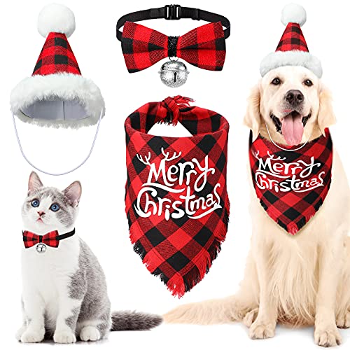 3-teiliges Weihnachts-Hunde-Dekorationsset, 1 Buffalo Plaid Hundehalstuch, Welpen-Dreieck-Schal, 1 Haustier-Fliege mit Glocke, kleine, mittelgroße und große Hunde (schwarz-rot) von Weewooday