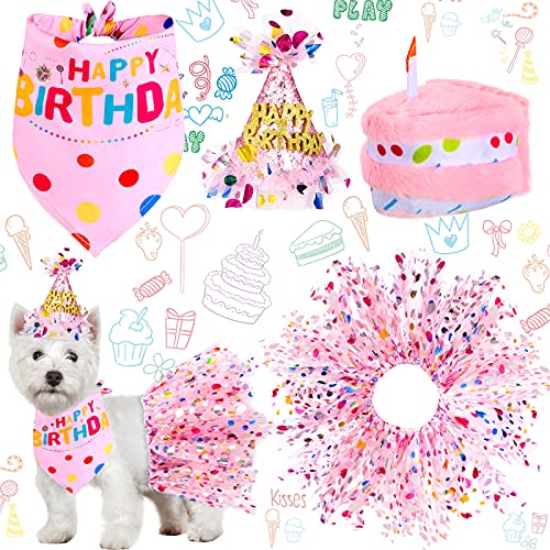 4 Stück Hund Geburtstag Bandana mit Hut und Kleid Mädchen Set, Welpe Geburtstag Party Supplies, niedliches rosa Tutu Rock Outfit für kleine mittelgroße Hunde von Weewooday