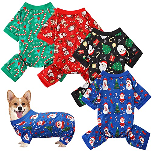 4 Stück Weihnachts-Hunde-Pyjama Weihnachtselement Welpenkleidung Weihnachtsmann Schneemann Xmas Urlaub Haustier Welpen Schlafanzug Weihnachtsbaum Schneeflocke Hund Pyjama Einteiler (groß) von Weewooday