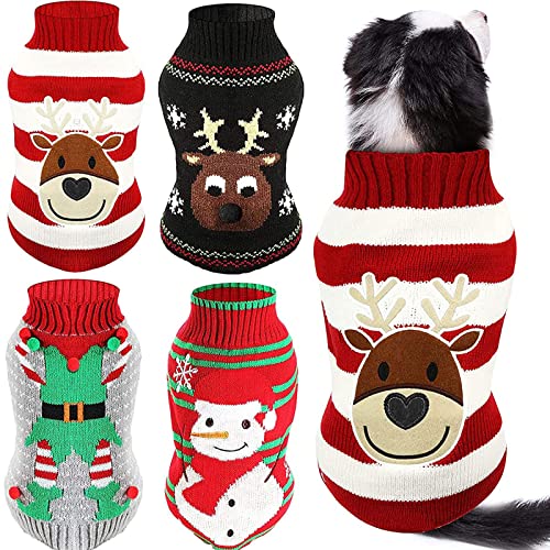 4 Stück Weihnachts-Hundepullover für Hunde, Feiertage, Pullover, Welpen, Schnee, Elch, Rentier, Schneemann, Elfen, lustiges Party-Cosplay-Kleid für kleine bis mittelgroße Hunde, Katzen (Medium) von Weewooday