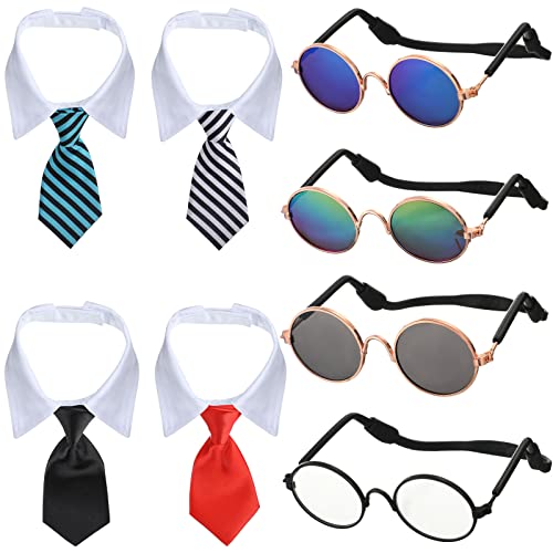 4xHunde-Krawatte und 4xSonnenbrillen, rund, Metall, Katze, klassische Retro-Sonnenbrille, Katzenkrawatten, Haustier-Smoking Halsband für Hunde, Katzen, Welpenpflege-Zubehör, Kostüm, Foto-Requisiten von Weewooday