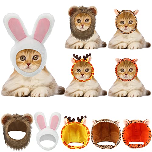 5 Stück Katzenhut Entzückendes Kostüm Hasenhut mit Ohren Lustige Mähne Katzenhut für Katzen und kleine Hunde Kätzchen Welpen Party Kostüm Zubehör Kopfbedeckung (Kaninchen, Löwe, Tiger, Giraffe) von Weewooday