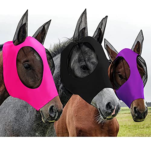 Fliegenmaske für Pferde, mit Ohren, glatt und elastisch, mit UV-Schutz, 3 Farben (L, Lila, Schwarz, Rosa), 3 Stück von Weewooday