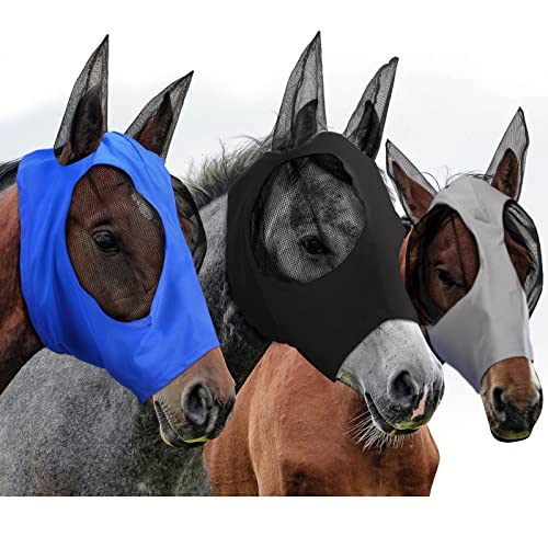 Fliegenmaske für Pferde, mit Ohren, glatt und elastisch, mit UV-Schutz, 3 Farben (L, Schwarz, Grau, Blau), 3 Stück von Weewooday