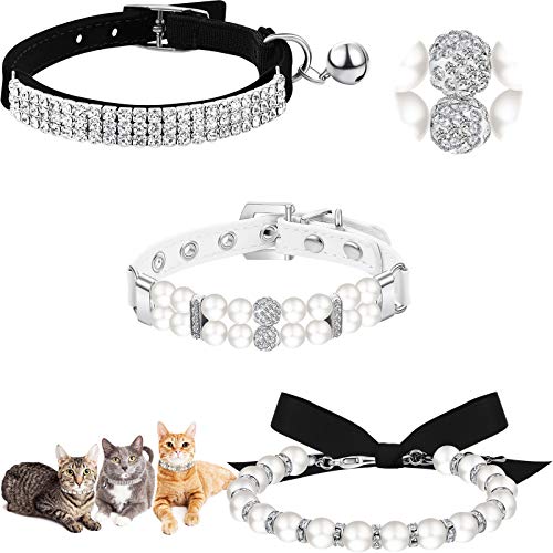WERPOWER 3 Pieces Rhinestones Dog Collar Set Artificial Pearl Dog Collar Adjustable Dog Ribbon Necklace Collar Bling Diamante Cat Collar with Bell for Pet Wedding Birthday Party, 3 Styles von Weewooday