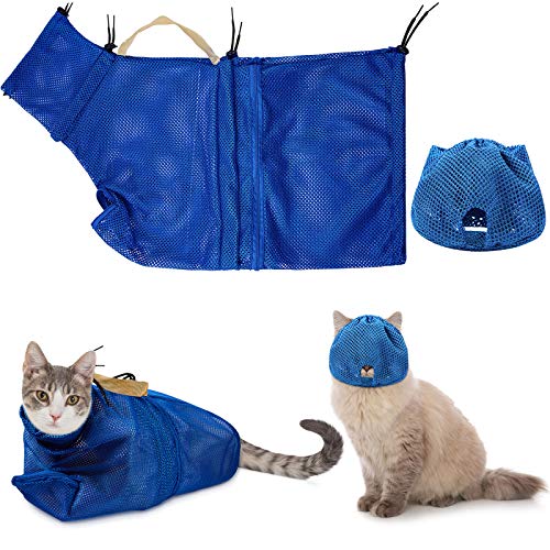 Weewooday 2 Stücke Katze Pflege Waschen Mesh Tashce Katze Maulkorb Atmungsaktiver Mesh Maulkorb Verstellbare Kätzchen Kratzfeste Katzen Rückhaltetasche Feste Tasche Katzen Badtasche (Blau) von Weewooday