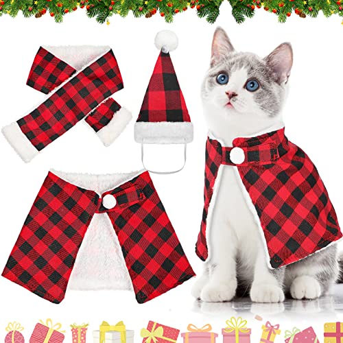 Weewooday 3-teiliges Haustier-Weihnachtskostüm inkl. Weihnachtsmütze und Schal für Hunde und Katzen, klassisches Karomuster, für Welpen, Kätzchen, Weihnachten, Neujahrskleidung von Weewooday
