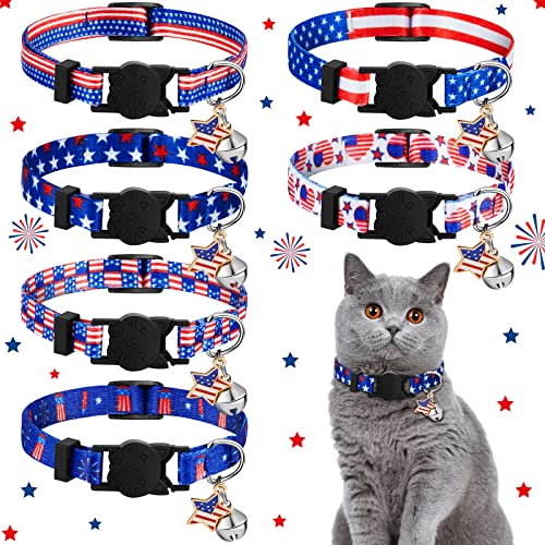 Weewooday 6 Stück patriotische amerikanische Flagge Katzenhalsband, Breakaway mit Glöckchen und Sternanhänger, verstellbares Halsband für Katzen, Hunde, Unabhängigkeitstag, tragen (22.9,38.1 cm) von Weewooday
