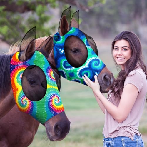 Weewooday Fliegenmasken für Pferde, weiche Fliegenmasken für Pferde mit Ohren, glatte und elastische Fliegenmaske mit UV-Schutz (Batikmuster, M) von Weewooday