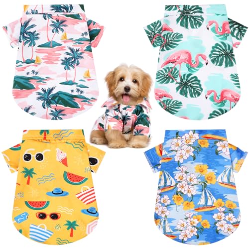Weewooday Sommer-T-Shirts für Haustiere, Hawaii-Stil, Blumenmuster, atmungsaktiv, coole Kleidung, Strand, Meer, Welpen, Sweatshirt für kleine Welpen, 4 Stück (schöner Stil, groß) von Weewooday