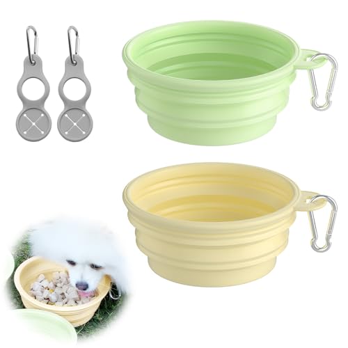 Wefaly Faltbarer Hundenapf 2 Stück, 350ml Tragbare Silikon Hundenapf Faltbar mit Karabiner Reisenapf Hund mit Zwei Wasserflaschenhaken für Katzen Hunde Reise Wanderungen and Camping (Gelb+Grün) von Wefaly