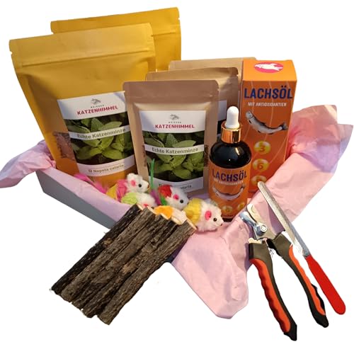 Weicherkatzenhimmel Erlebnisbox mit Katzenminze und Anderen Spielsachen zum Spielen und Pflegen, 65g,12,Spielmäuse,Krallenschere, Matatabi Sticks & mehr für Katzenliebhaber von Weicher Katzenhimmel