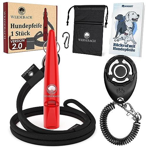 Weidebach® Hundepfeife mit lautem und gleichbleibendem Ton für Training mit Hund, genormte Frequenz, angenehmes Band und Mundstück, inkl. E-Book + Leckerlibeutel für gelungenes Rückruftraining, rot von Weidebach