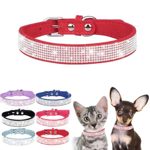 Bling Hundehalsband, Strass-Hundehalsband, niedliches Diamant-Juwel, funkelnd, ausgefallenes Leder, Katzen-Haustierhalsband für XXS, XS, S, M, L, XL, XXL, Welpen, Mädchen, weiblich, Rot, M von WeimoMonkey