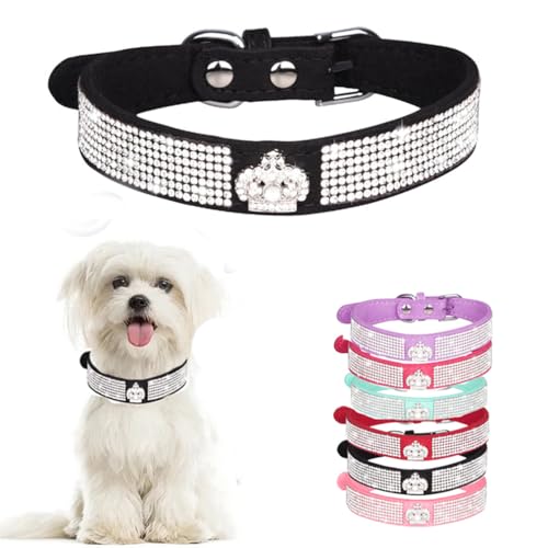 Hundehalsband mit Strasssteinen, niedlich, weich, glitzernd, glitzernd, für Welpen, Katzen, Haustier-Halsband für XS, S, M, L, XL, XXL, Krone, schwarz, XS von WeimoMonkey