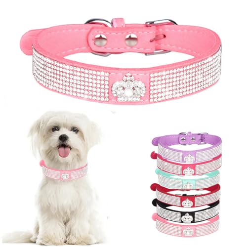 Hundehalsband mit Strasssteinen, niedlich, weich, mit Strasssteinen, hübsches Schmuckstück, glitzernd, für Welpen, Katzen, Haustier-Halsband für XS, S, M, L, XL, XXL, Krone, Rosa, M von WeimoMonkey