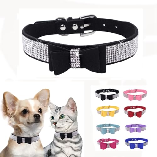 Hundehalsband mit Strasssteinen, weich, mit Diamanten und Schleife, glitzernd, niedlich, verstellbar, für XXS, XS, kleine, mittelgroße und große Rassen, Hunde, Katzen, Welpen, Mädchen, Schwarz, Größe Hundehalsband mit Strasssteinen, weich, mit Diamanten und Schleife, glitzernd, niedlich, verstellbar, für XXS, XS, kleine, mittelgroße und große Rassen, Hunde, Katzen, Welpen, Mädchen, Schwarz, Größe von WeimoMonkey