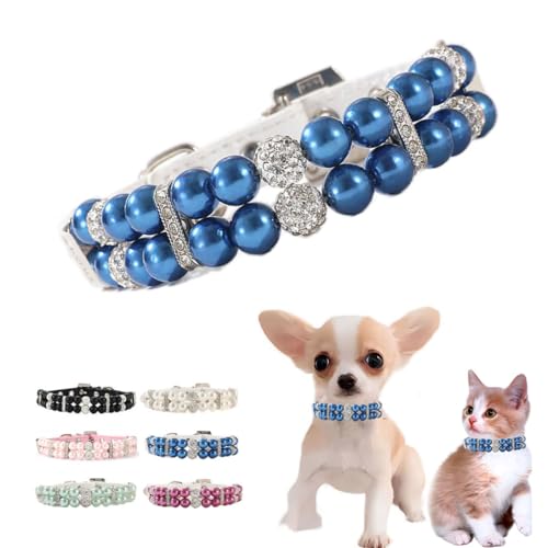 Hundehalsband mit blauen Perlen, Katzenhalsband mit Kristallperlen, ausgefallenes glitzerndes Halsband für Mädchen, Welpen, Strass, luxuriöse Perlen-Halskette, Diamant-Haustierschmuck für XXS, XS von WeimoMonkey
