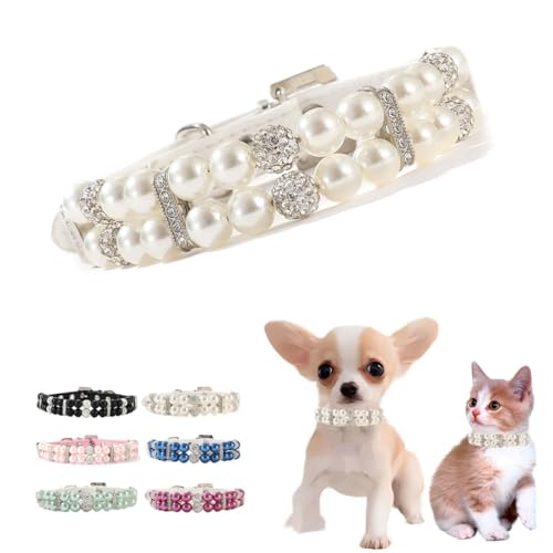 Hundehalsband mit weißen Perlen, Kristall-Glitzer-Perlen, ausgefallenes Welpenhalsband, Strass, luxuriöse Perlen-Halskette, Diamant-Schmuck, für XXS, XS, kleine, mittelgroße Hündinnen, Katzen, XS Hundehalsband mit weißen Perlen, Kristall-Glitzer-Perlen, ausgefallenes Welpenhalsband, Strass, luxuriöse Perlen-Halskette, Diamant-Schmuck, für XXS, XS, kleine, mittelgroße Hündinnen, Katzen, XS von WeimoMonkey