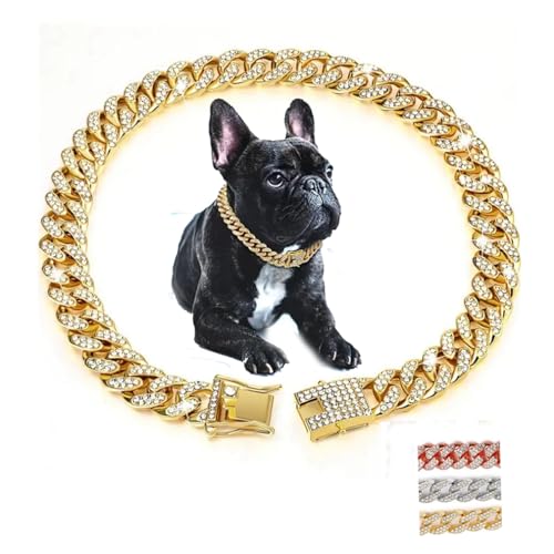 WeimoMonkey Hundehalsband, Diamant-Halskette, Metall, kubanisches Glieder-Hundehalsband, 13 mm breit, Haustierschmuck für Welpen, kleine, mittelgroße und große Hunde, Katzen, Gold (55,9 cm) von WeimoMonkey