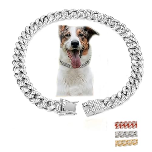 WeimoMonkey Hundehalsband, Diamant-Halskette, Metall, kubanisches Glieder-Hundehalsband, 13 mm breit, Haustierschmuck für Welpen, kleine, mittelgroße und große Hunde, Katzen, Silber (30,5 cm) von WeimoMonkey