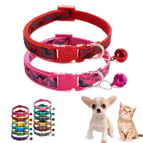 XS Hundehalsband mit Glöckchen, 2er-Pack, für Mädchen, Welpen, Katzen, Glöckchen, verstellbar, für XXS, XS, kleine Haustiere, Tierstreu, Kätzchen, kleine Frauen, Rot, Hot Pink, XS von WeimoMonkey