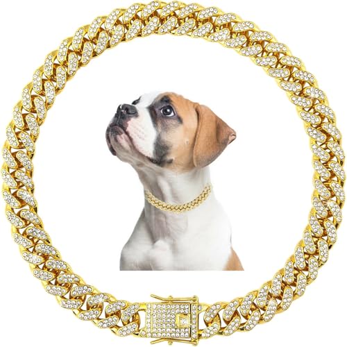 Goldkette Hundehalsband, kubanisches Gliederhalsband, glitzernde Hunde-Halskette, Metall, Strass, Glitzer, funkelnder, niedlicher Schmuck für kleine, mittelgroße und große weibliche Mädchen, Jungen Goldkette Hundehalsband, kubanisches Gliederhalsband, glitzernde Hunde-Halskette, Metall, Strass, Glitzer, funkelnder, niedlicher Schmuck für kleine, mittelgroße und große weibliche Mädchen, Jungen von Weimostar
