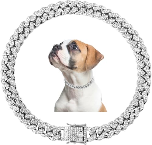 Silberne Hundehalsband, kubanische Gliederkette, Strass-Diamant-Halskette für Hunde, glitzernd, niedlicher Schmuck für XXS, XS, S, S, M, Mädchen, Jungen, Haustiere, Katzen, Kätzchen, 20,3 cm Silberne Hundehalsband, kubanische Gliederkette, Strass-Diamant-Halskette für Hunde, glitzernd, niedlicher Schmuck für XXS, XS, S, S, M, Mädchen, Jungen, Haustiere, Katzen, Kätzchen, 20,3 cm von Weimostar