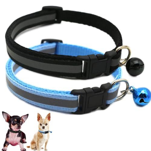 Welpenhalsband mit Glöckchen, 2 Stück, reflektierend, XXS, verstellbar, für XS, XS, XS, XS, kleine Hunde, Haustier, Katze, Jungen, männlich, Kätzchen, Schwarz und Blau von Weimostar