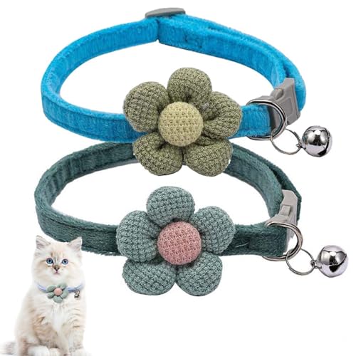 XXS Hundehalsband mit Glöckchen und Blumen, 2 Stück, Katzenhalsbänder mit Glöckchen, niedlich, für XS, extra kleine Hündinnen, kleine Haustiere, kleines Kätzchen, Yorkie, Chihuahua, Grün/Blau von Weimostar