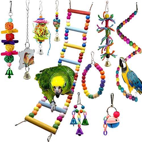 Weiqiao® 10 Stück Kauspielzeug für Vögel aus Holz zum Aufhängen mit Glöckchen für Papageien, Wellensittiche Aras von Weiqiao