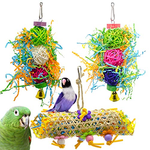Weiqiao® 3 Stück Kauspielzeug für Vögel aus Holz zum Aufhängen, mit Glöckchen, Zubehör für Papageien, Wellensittiche von Weiqiao
