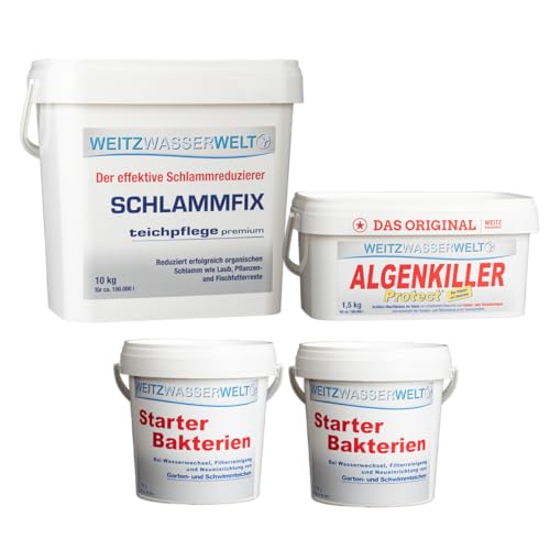 ALGENFREI STARTERSET - Schlammentferner, Algizid Teichklar & Teichbakterien - das ideale Teich Zubehör für klares Wasser im Fischteich und die Unterstützung des biologischen Gleichgewichts im Teich von Weitz-Wasserwelt