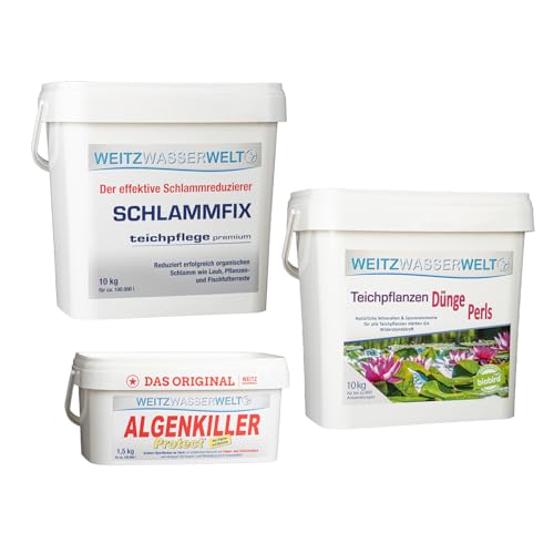 ALGENFREI & PFLANZENPFLEGE Set - Schlammentferner, Algizid Teichklar & Teich Pflanzen Dünger - das ideale Teich Zubehör für klares Wasser im Fischteich und prachtvolle Sumpf- und Wasserpflanzen von Weitz-Wasserwelt