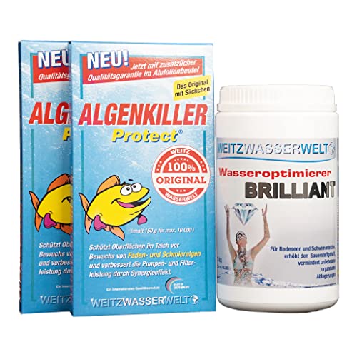 SCHWIMMTEICHKLAR SPARSET - Brilliant reduziert giftige Faulgase, fördert Bakterientätigkeit & unterstützt biologische Selbstreinigung des Wassers - ALGENKILLER Protect® stark gegen Algen & Algenwuchs von Weitz-Wasserwelt
