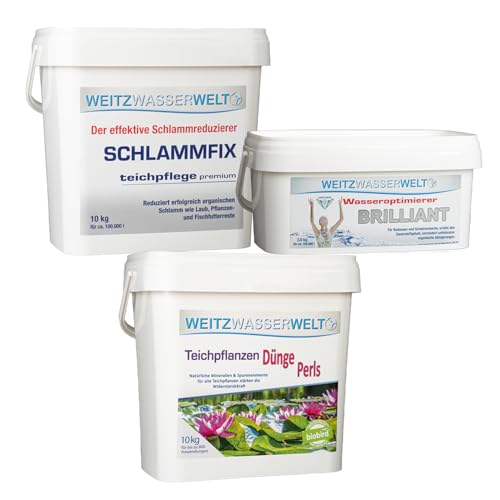 SCHWIMMTEICHKLAR & PFLANZENPFLEGE Set - Schlammentferner, Wasseroptimierer & Teichpflanzen Dünger - das ideale Teich Zubehör für klares Wasser im Fischteich und prachtvolle Sumpf- & Wasserpflanzen von Weitz-Wasserwelt
