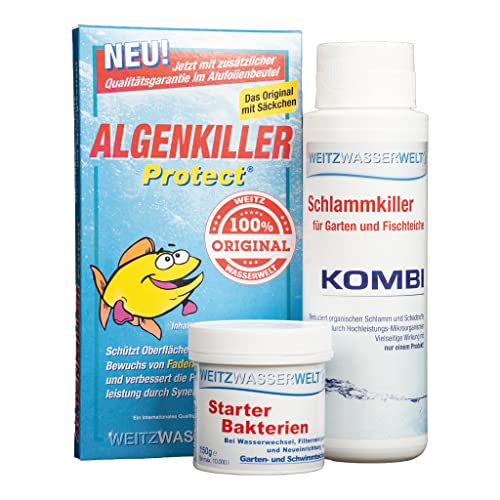 ALLinONE STARTERSET - Teich Oberflächenschutz, Schlammentferner & Teichbakterien - ALGENKILLER Protect® stark gegen Algen, Kombi Schlammkiller für Schlammreduktion & Starter Bakterien für Bio-Balance von Weitz-Wasserwelt