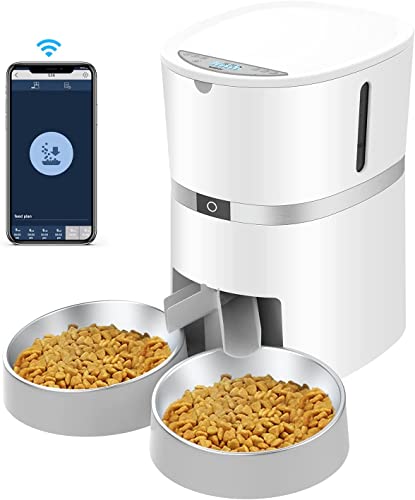 WellToBe Smart Futterautomat Katze & Hund, WiFi Automatischer Futterspender für 2 Katze, Pet Feeder mit Timer, Ton-Aufnahmefunktion, App-Steuerung, Portion Steuerung, zu 6 Mahlzeiten am Tag (Weiß) von WellToBe