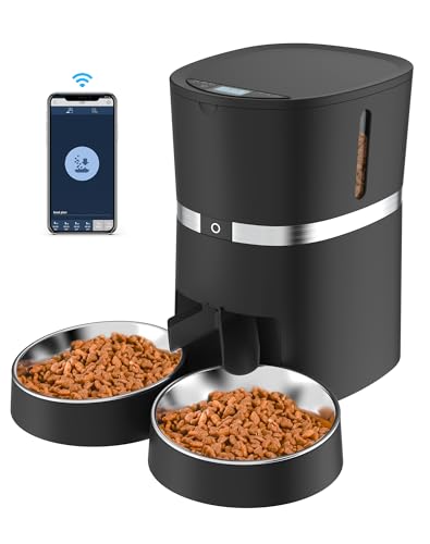 WellToBe Smart Futterautomat Katze & Hund, WiFi Automatischer Futterspender für 2 Katze, Pet Feeder mit Timer, Ton-Aufnahmefunktion, App-Steuerung, Portion , zu 6 Mahlzeiten am Tag (Schwarz) von WellToBe