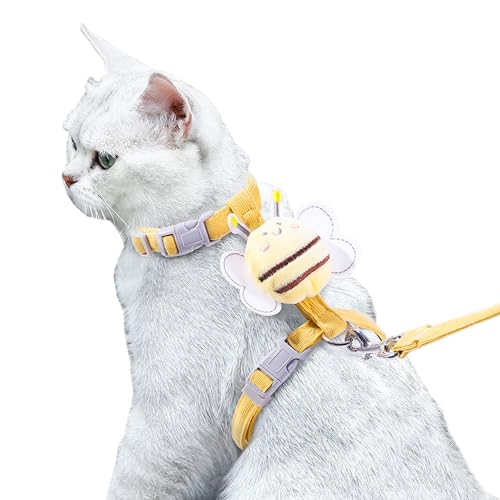 WELLYUK Katzengeschirr und Leine, Set für Outdoor, Reisen, Spaziergänge, ausbruchsicher, weich, sicher, verstellbar, für Kätzchen, Welpen, kleiner Gurt, niedliche Bienenflügel, Gelb, Größe S von WELLYUK