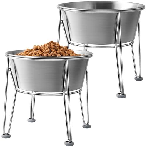 Wellbro Erhöhte Hundenäpfe für große und mittelgroße Hunde – Edelstahl, 1,8 l / 8 Tassen, erhöhter Futterspender mit rutschfestem Boden, Doppel-Futter- und Wassernäpfe, 2 Stück von Wellbro