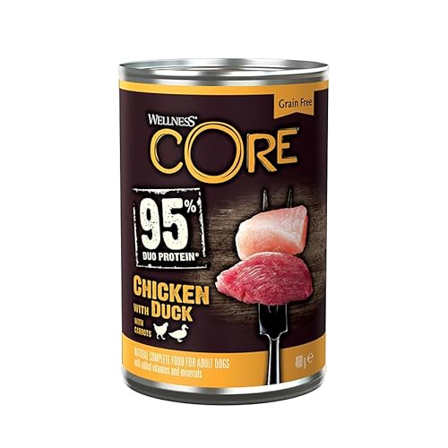 WELLNESS CORE, Nassfutter für Hunde 95% Fleisch, Huhn, Ente und Gemüse, reich an Proteinen, ohne Zusatzstoffe, 0,4kg Größe, ideal für alle Hunde, Ideal für alle Rassen von Wellness CORE