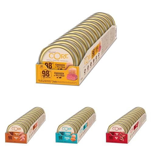 Wellness CORE 98 Bundle 48 x 85g, 98 Prozent Huhn & Wildschwein, Pute, Huhn & Lachs, Rind, Nassfutter für ausgewachsene Katzen, Katzenfutter Pastete, ohne Zuckerzusatz, getreidefrei, mit hohem Fleisch von Wellness CORE